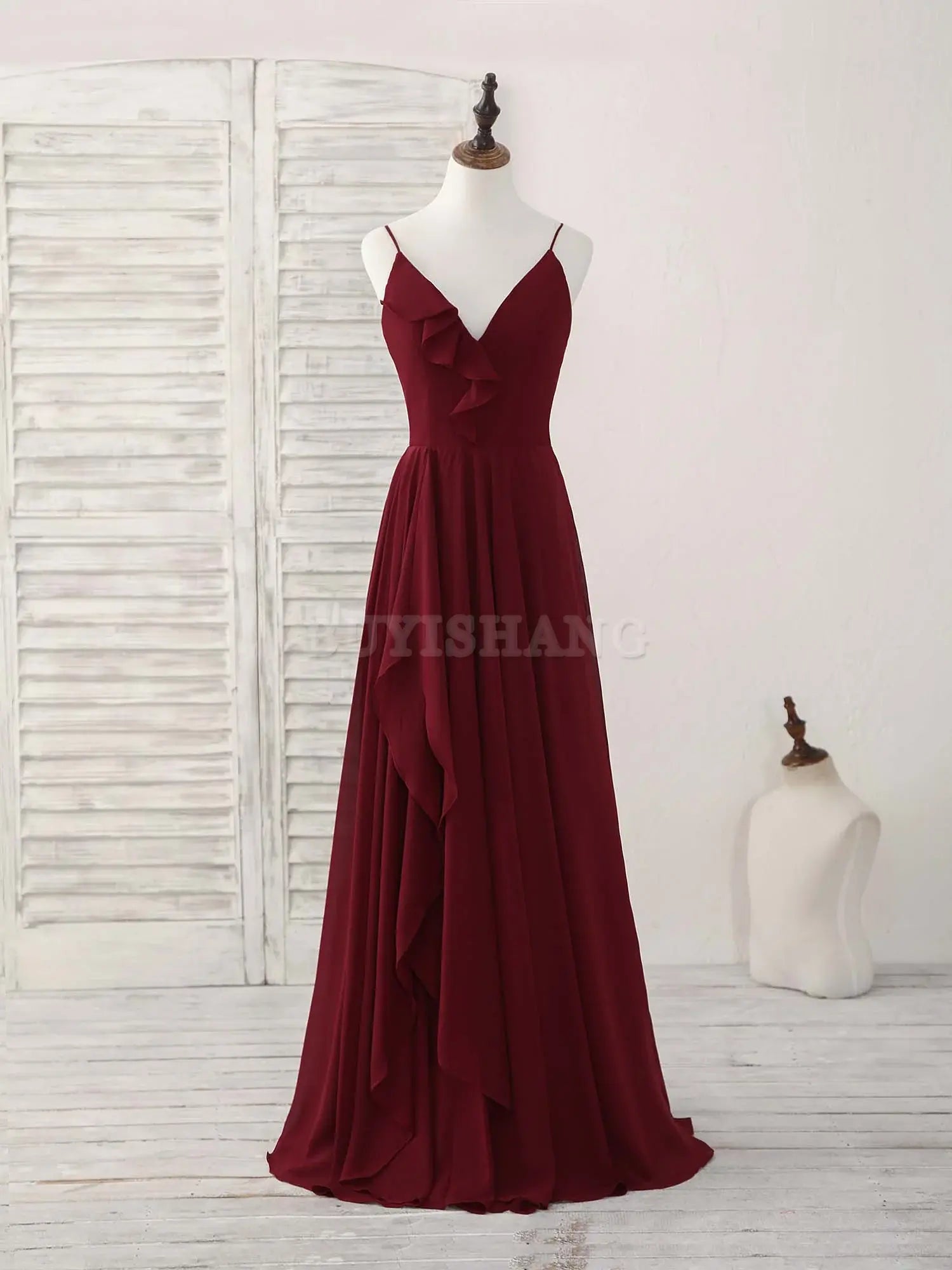 Buyishang Simple Burgundy V Neck Chiffon Long Prom Dress Bridesmaid Dress Bridesmaid dress shop